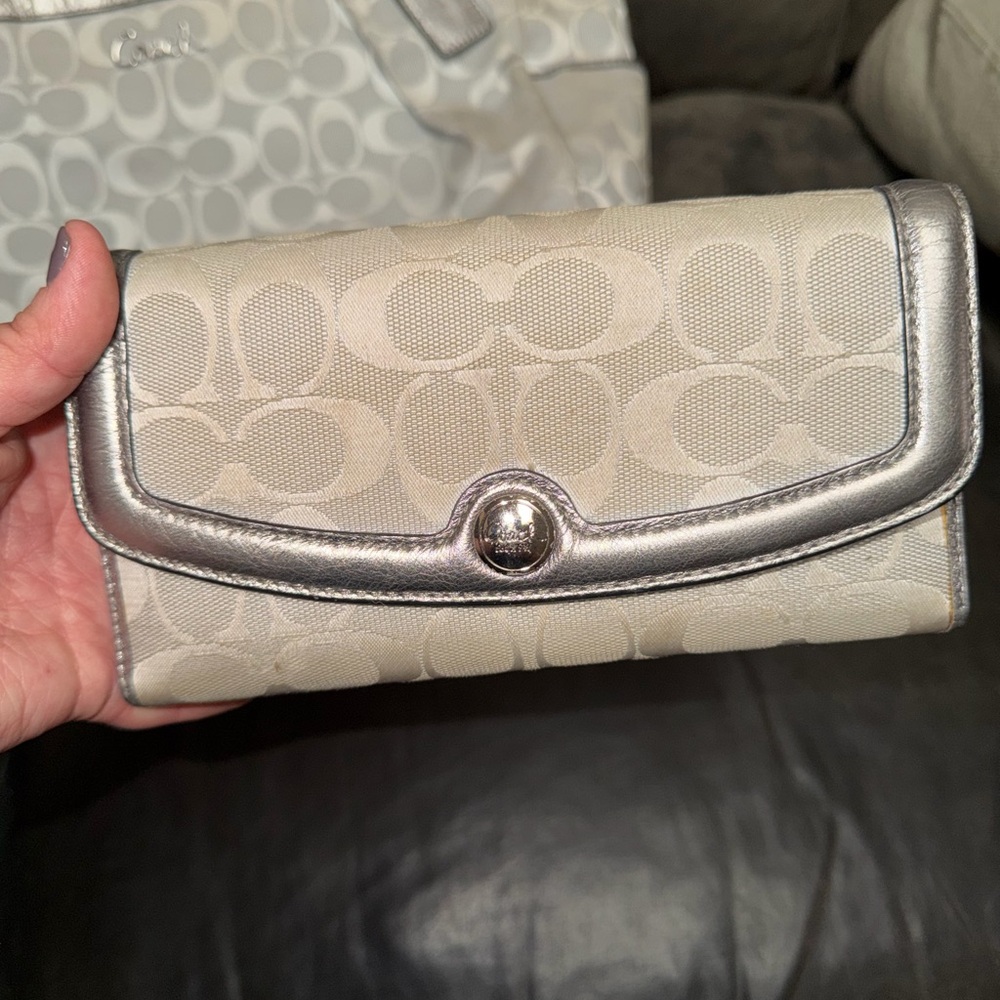 Coach Metallic Silver and Cream Wallet